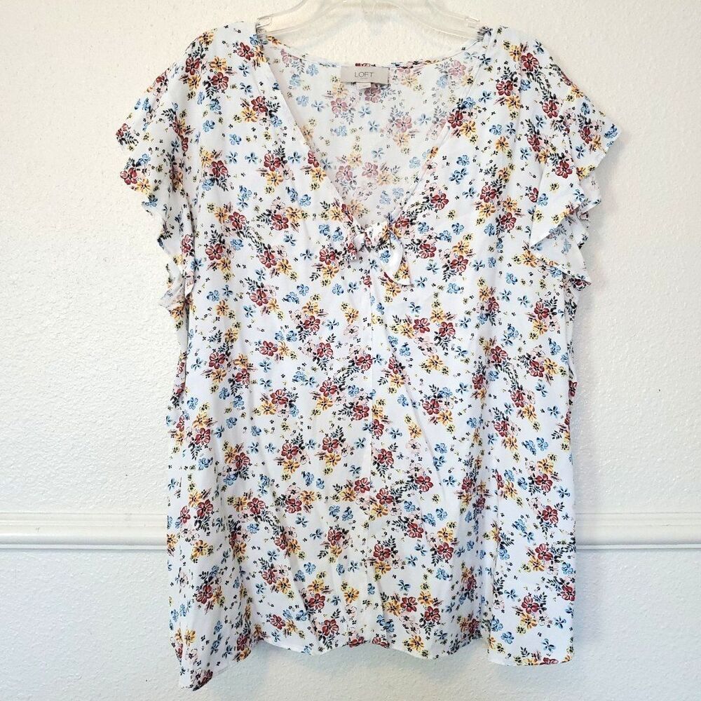 Loft Outlet Floral Top Butterfly Sleeves V Neck Accent Front Tie Viscose‎ Size L